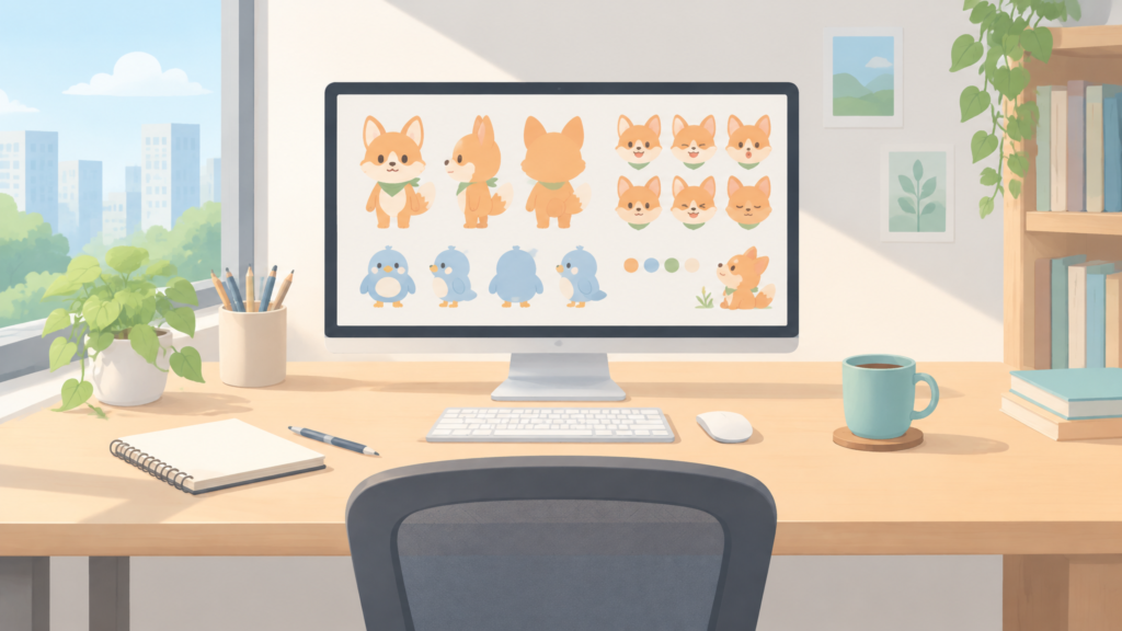 キャラクター設定を整えるPC制作風景