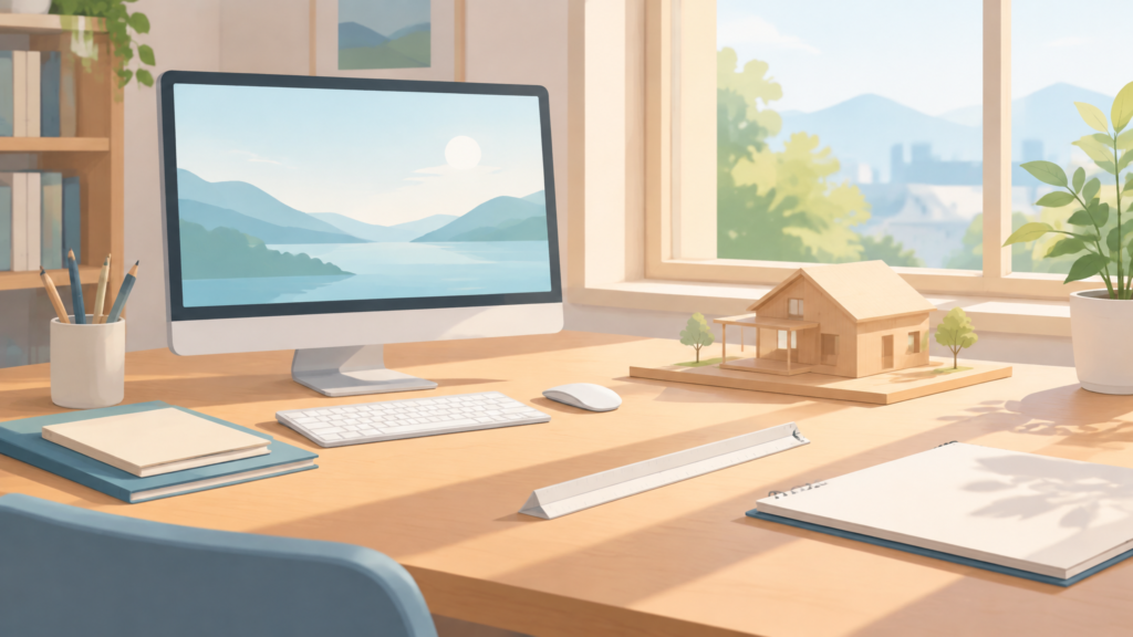 建築の正確さと作画を検証するデスク