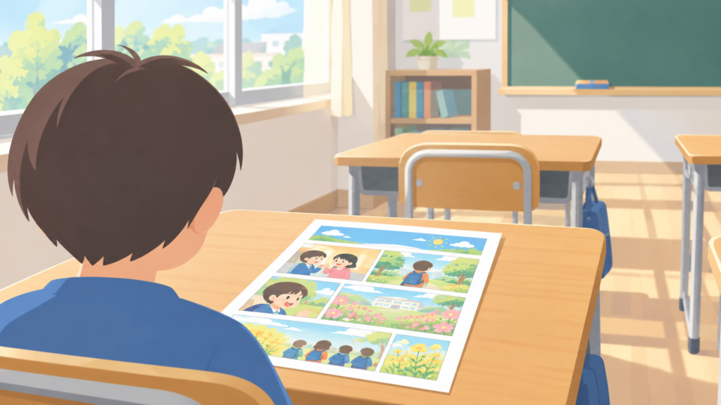 漫画入りプリントが置かれた教室の風景