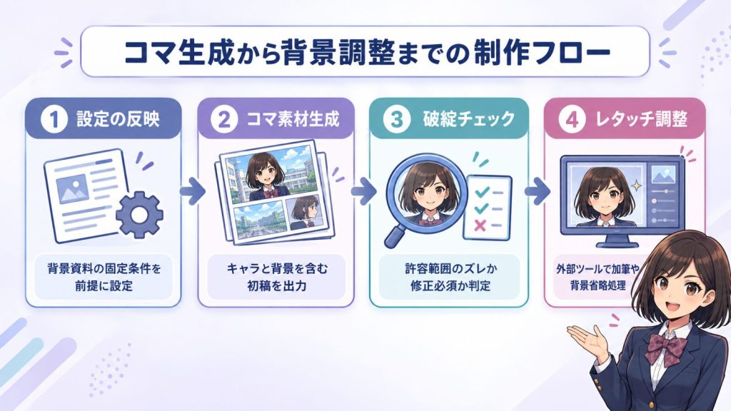コマ生成から背景調整までの制作フロー