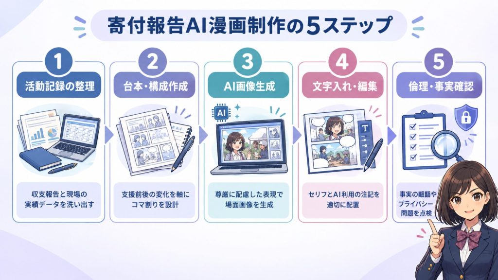 寄付報告AI漫画制作の5ステップ