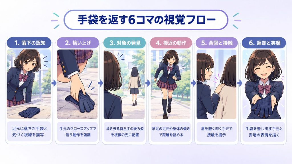 手袋を返す6コマの視覚フロー