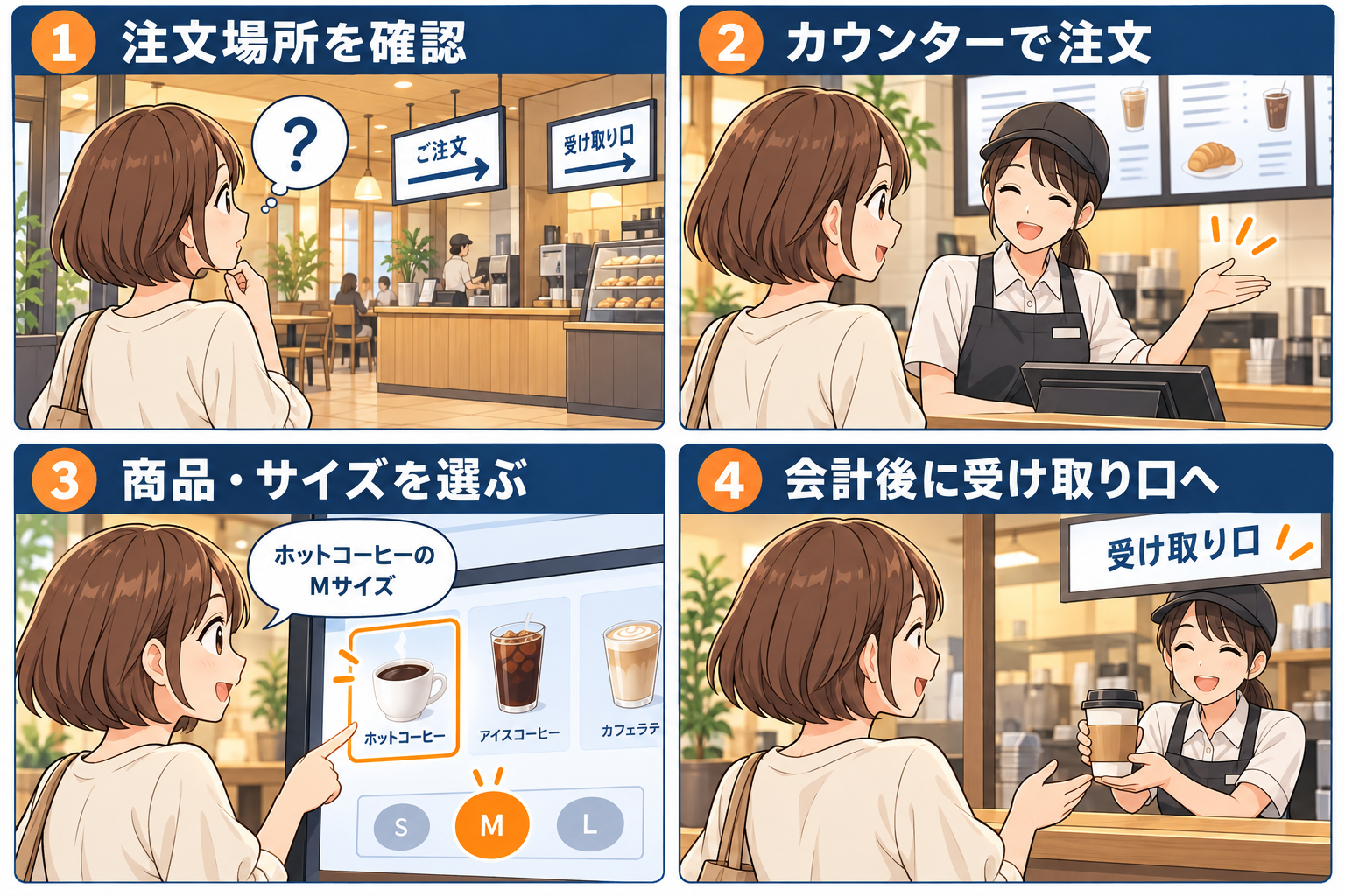 カフェで注文場所を確認し、カウンターで注文、商品とサイズを選び、会計後に受け取り口へ進む4画面のAI漫画