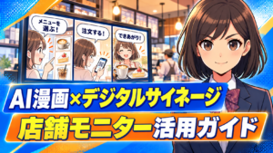いつもの女の子とカフェの店内モニターで紹介するAI漫画×デジタルサイネージ