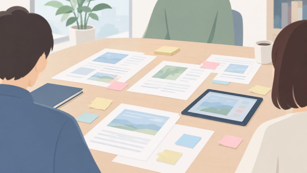 校正紙を並べた確認作業の様子