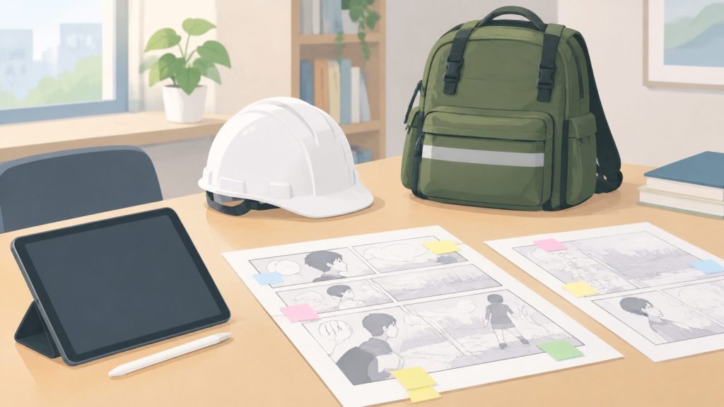 漫画原稿と防災用品を配置した監修作業のイメージ