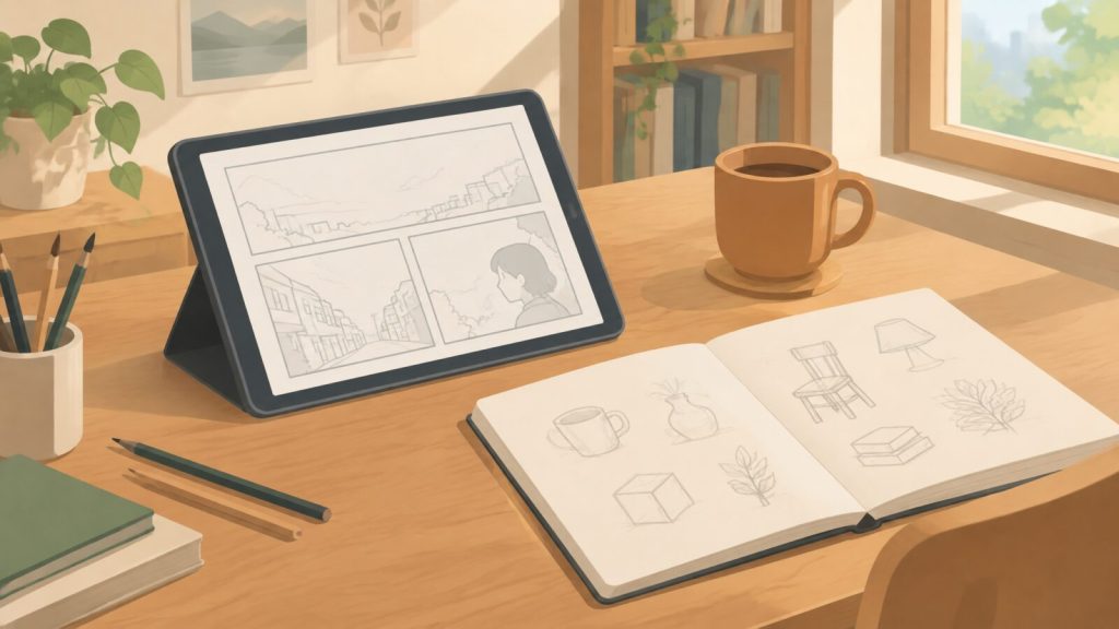 無声漫画の構想を練る制作デスク