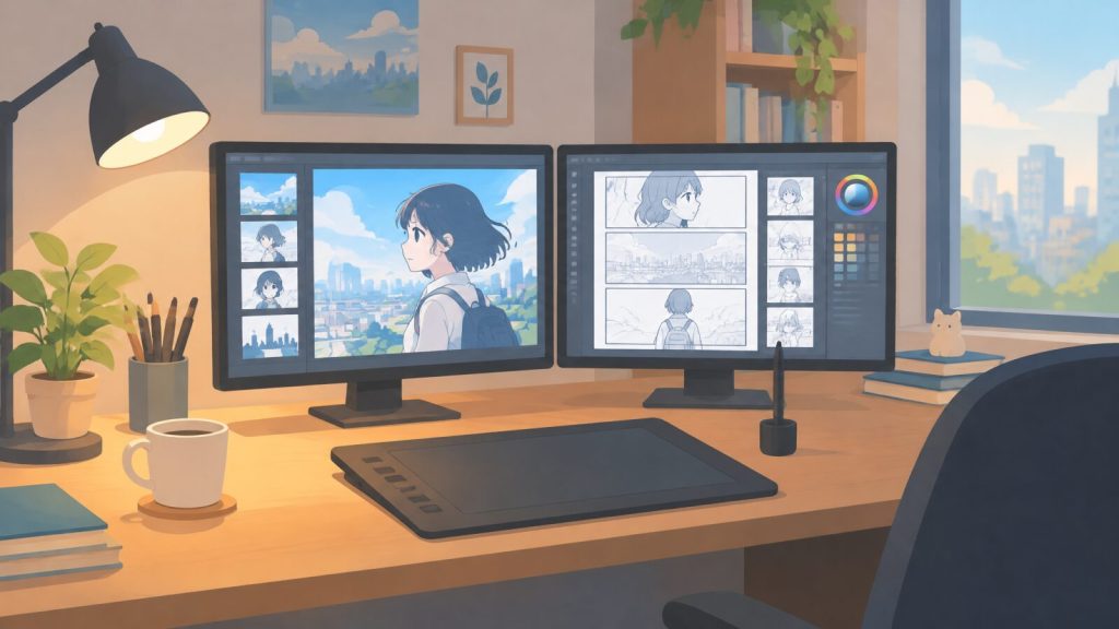 生成画像と原稿を整理する制作デスク