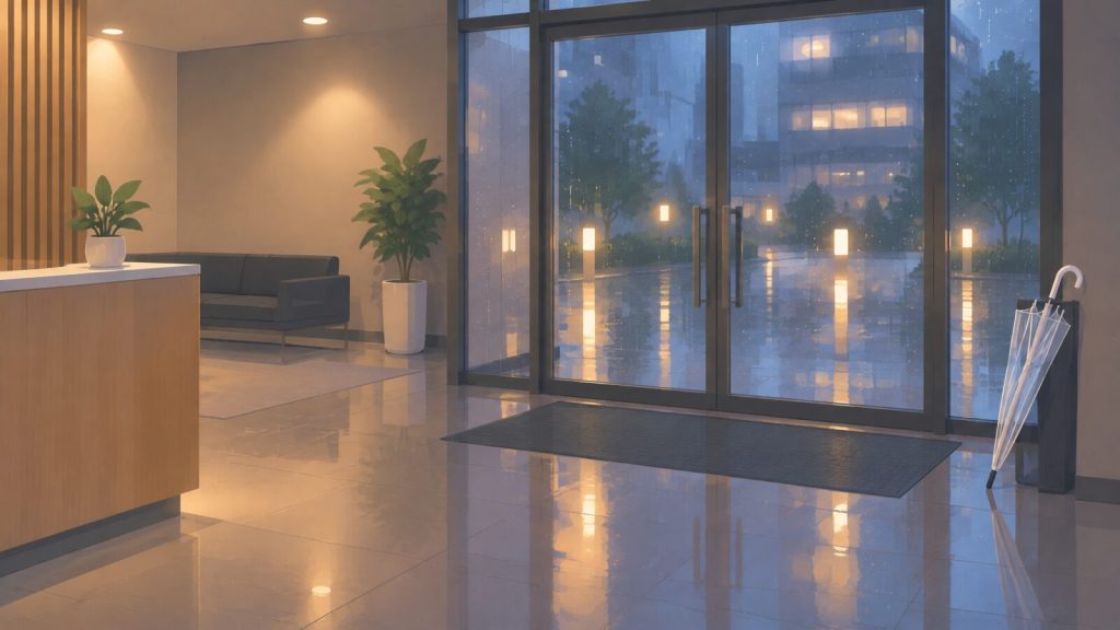 雨が降る夕方のオフィスエントランス